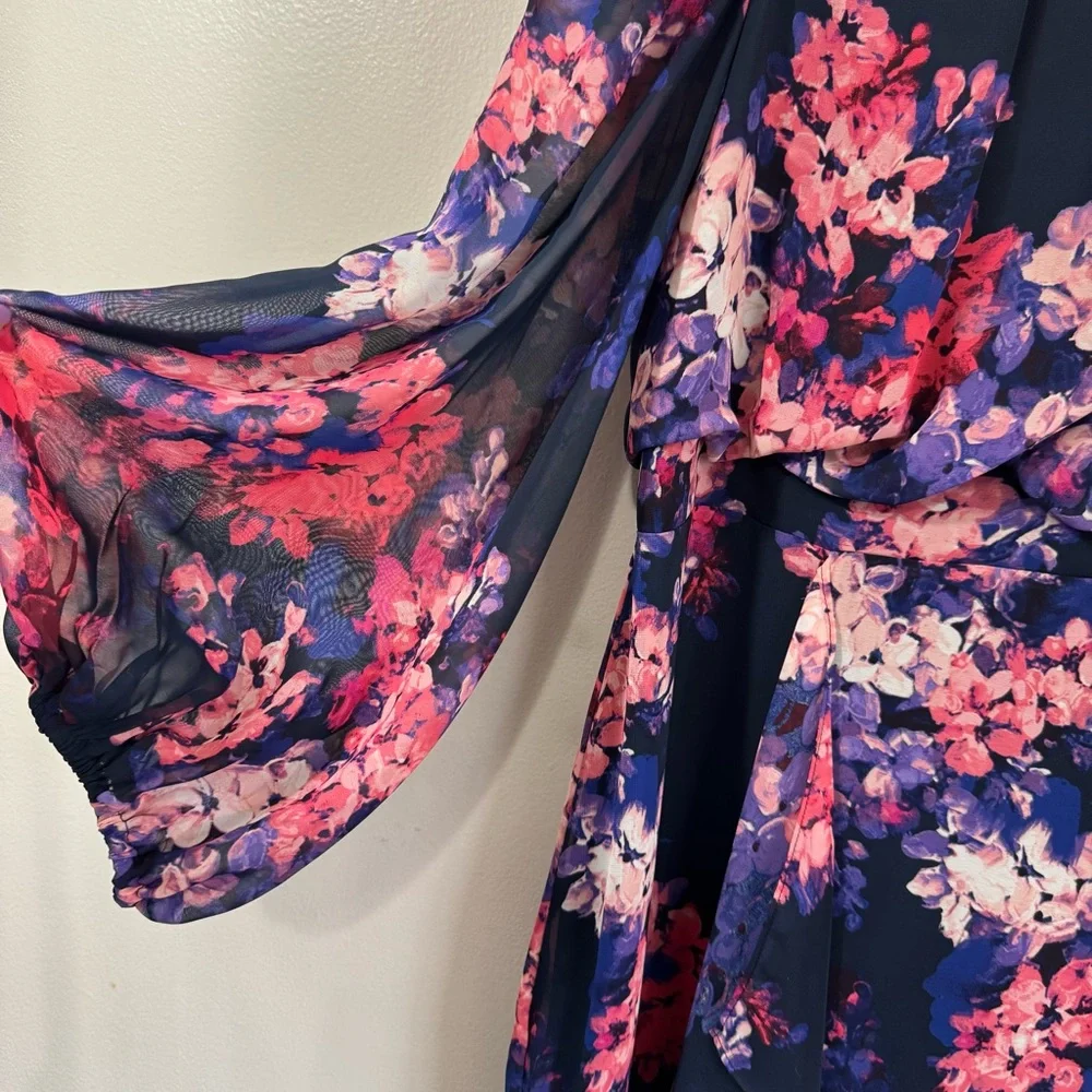 Eliza J Ruffled Long Sleeve Dress Slit Leg Size 14 Cocktail Floral Mother Bride - Picture 6 of 11